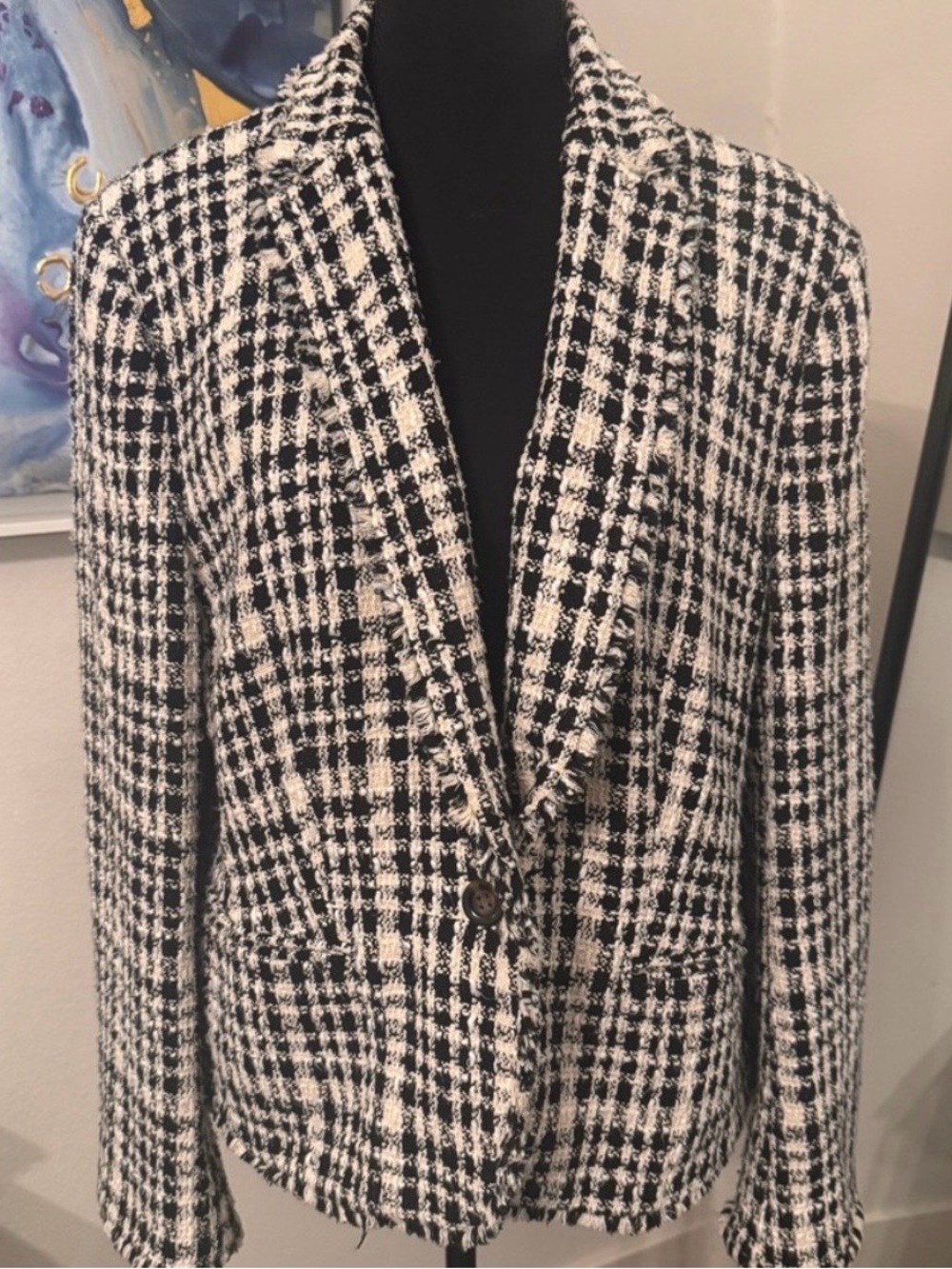 Ann Taylor Black Cream Tweed Blazer Fringe Jacket Size 16 - Picture 3 of 9